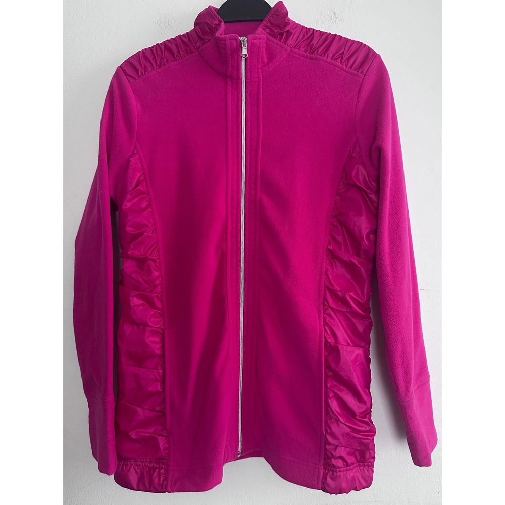 Cutter & Buck Womens Magenta Pink Fleece Ruched Satin Trim Full Zip Jacket Large